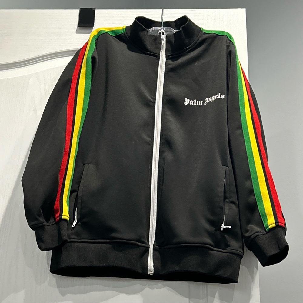 Palm Angels Black Jacket with Red, Yellow, Green Stripes